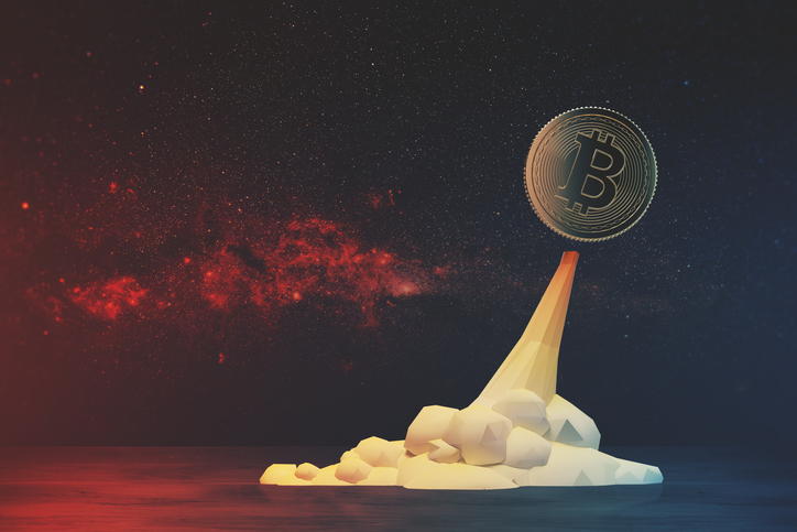 Flying bitcoin rocket in space, red